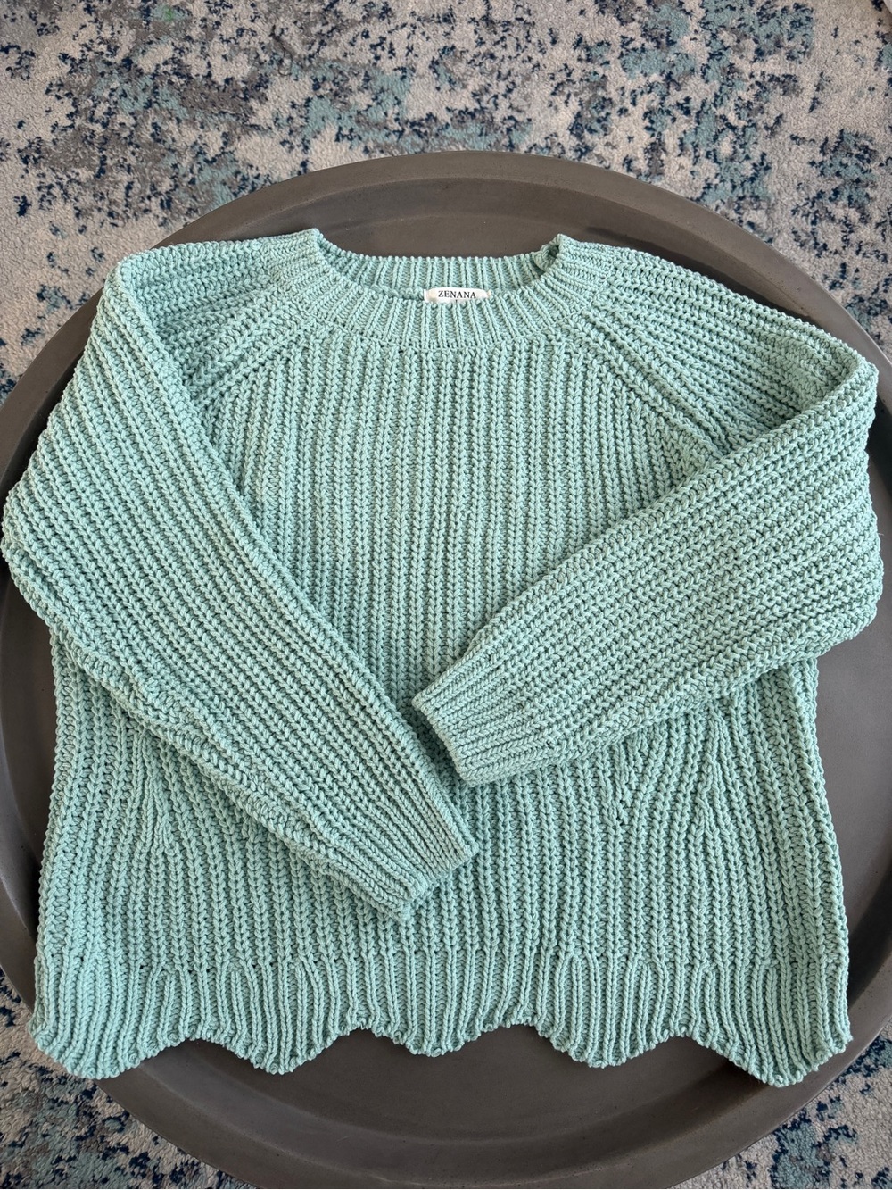 Zenana Mint Green Chunky Knit Scallop Hem Sweater – Size Large - Picture 2 of 6